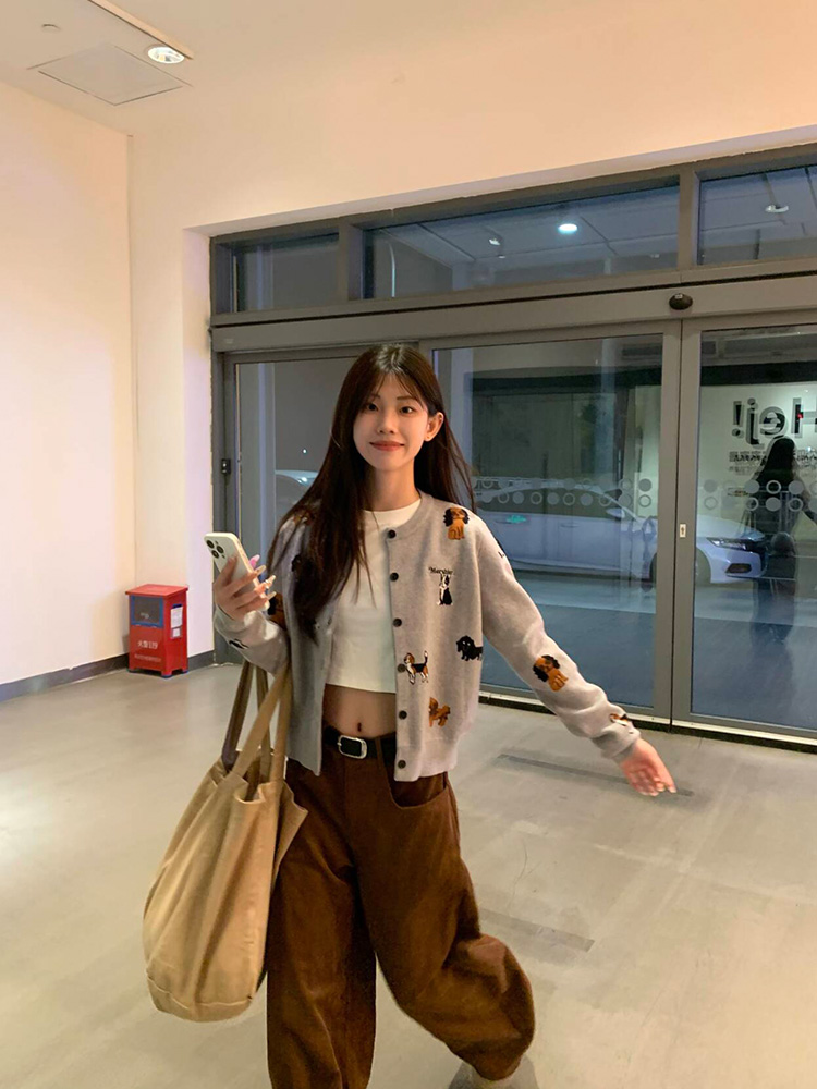 2025 American Vintage Dog Embroidery Knitted Cardigan Sweater for Women, Slimming Autumn Short Jacket, Cozy Y2K Style