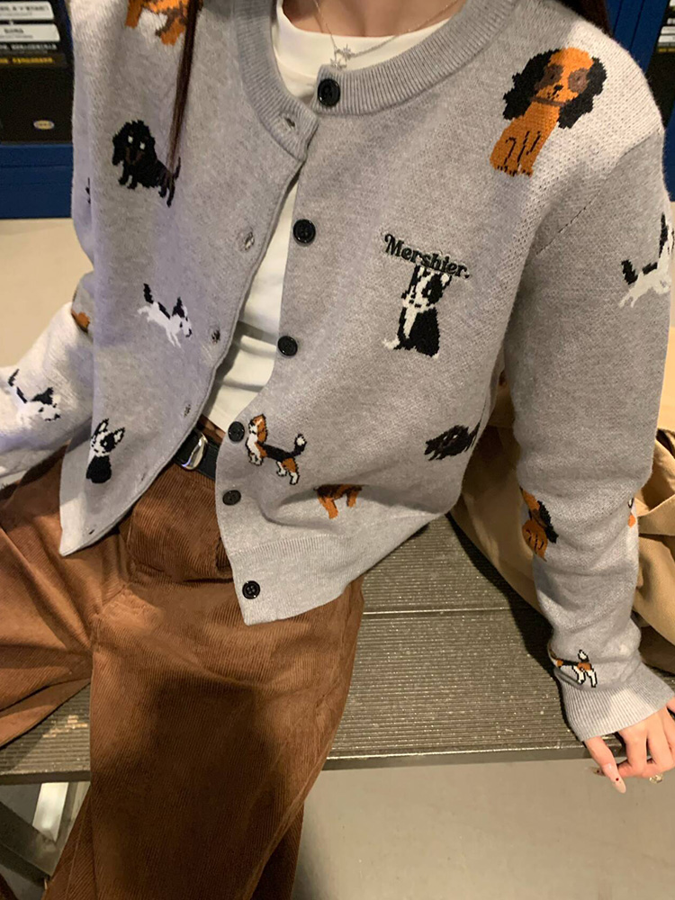 2025 American Vintage Dog Embroidery Knitted Cardigan Sweater for Women, Slimming Autumn Short Jacket, Cozy Y2K Style