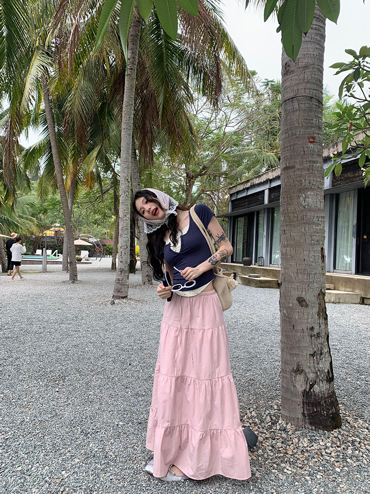 2025 American Vintage Gentle Style Lace Spliced Pink A-Line Midi Skirt for Women - High Waist Slim Fit