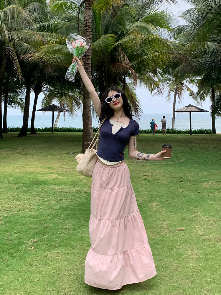 2025 American Vintage Gentle Style Lace Spliced Pink A-Line Midi Skirt for Women - High Waist Slim Fit