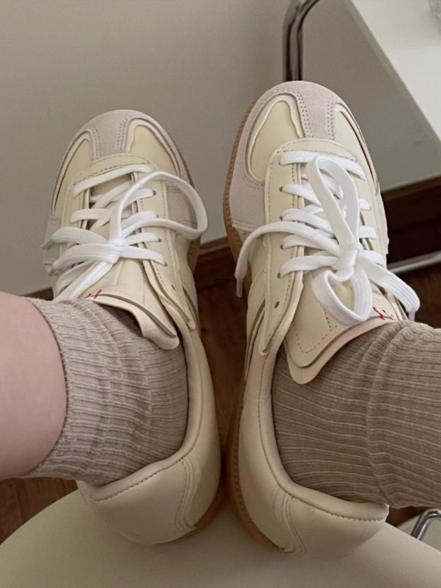 2025 Color-Blocking Lace-Up Cowhide Training Shoes - Versatile Round Toe Splicing Casual Sneakers