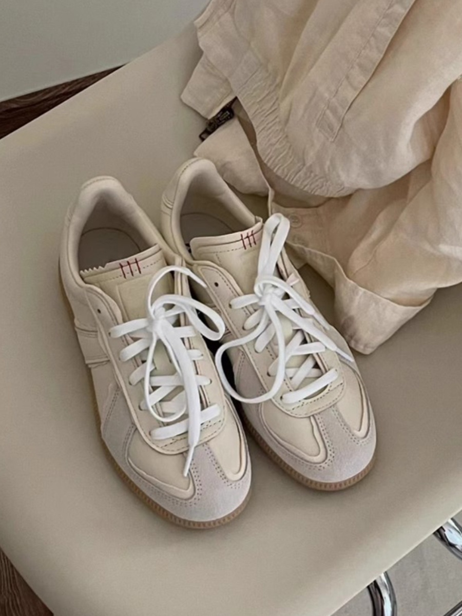 2025 Color-Blocking Lace-Up Cowhide Training Shoes - Versatile Round Toe Splicing Casual Sneakers