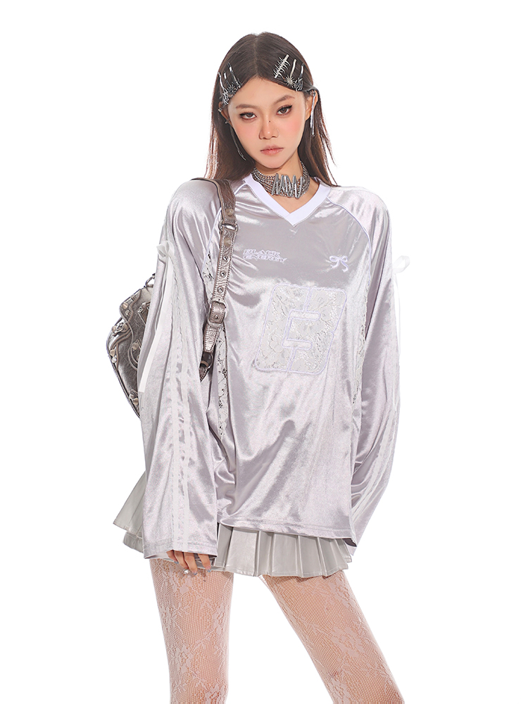 2025 Early Spring Jersey Aesthetic Hot Girl Lace Splicing Glossy Silver T-Shirt - Trendy 90s Inspired Fashion Top 2025 Early Spring Jersey Aesthetic Hot Girl Lace Splicing Glossy Silver T-Shirt - Trendy 90s Inspired Fashion Top