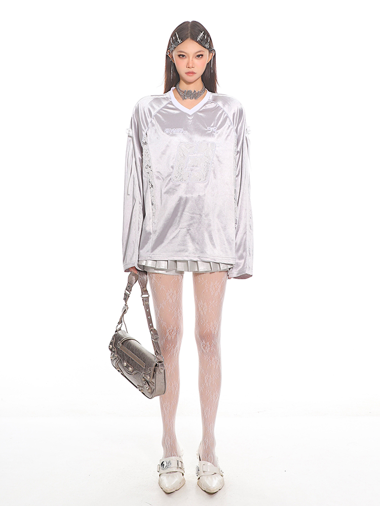 2025 Early Spring Jersey Aesthetic Hot Girl Lace Splicing Glossy Silver T-Shirt - Trendy 90s Inspired Fashion Top