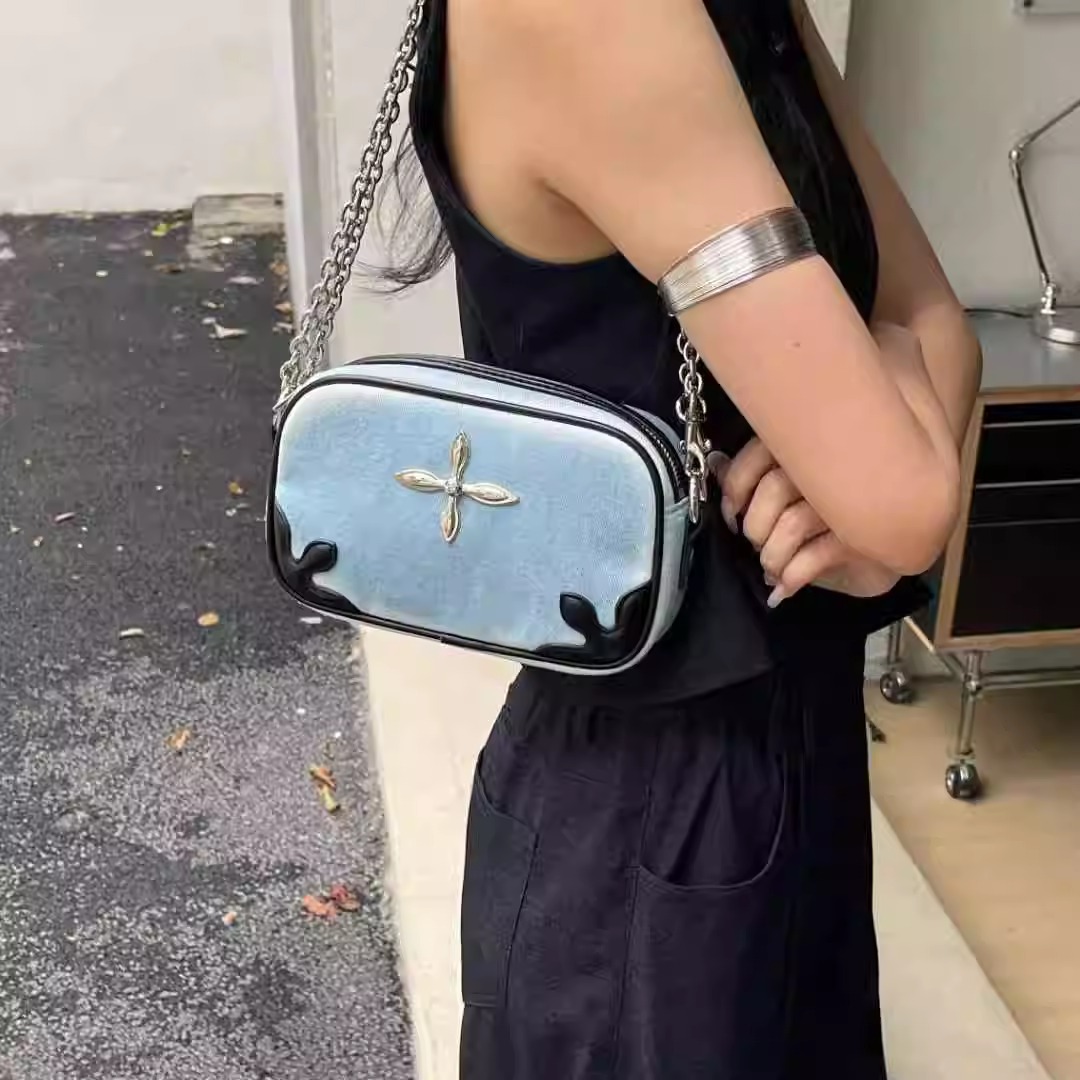 2025 New Style Cross Badge Denim Chain Small Square Bag - Trendy Millennium Hot Girl Shoulder Crossbody Bag