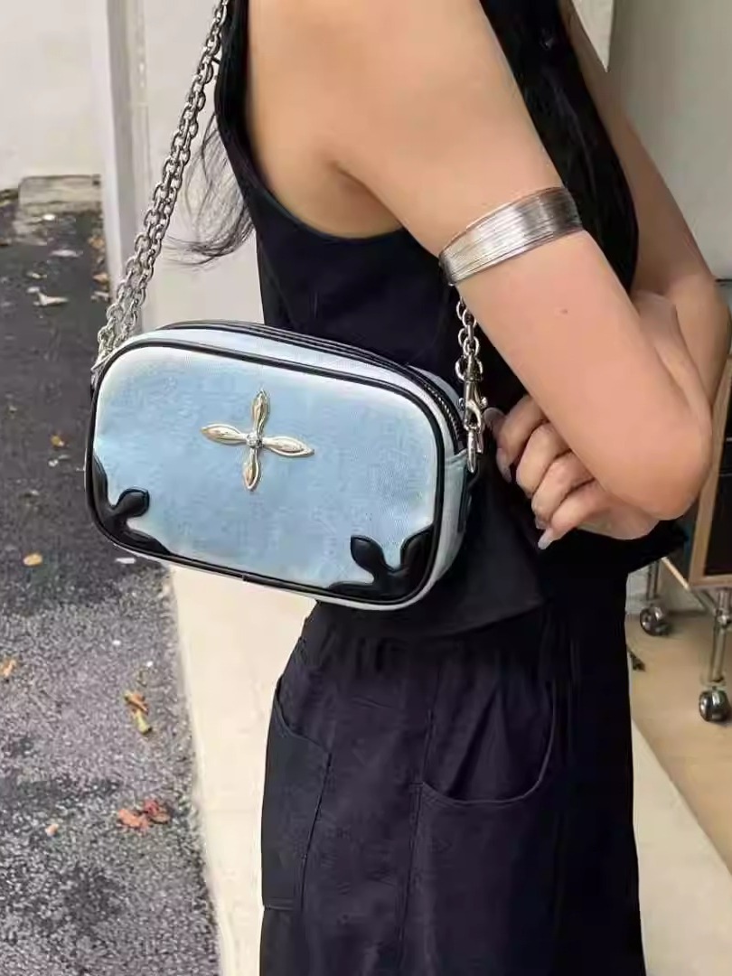 2025 New Style Cross Badge Denim Chain Small Square Bag - Trendy Millennium Hot Girl Shoulder Crossbody Bag
