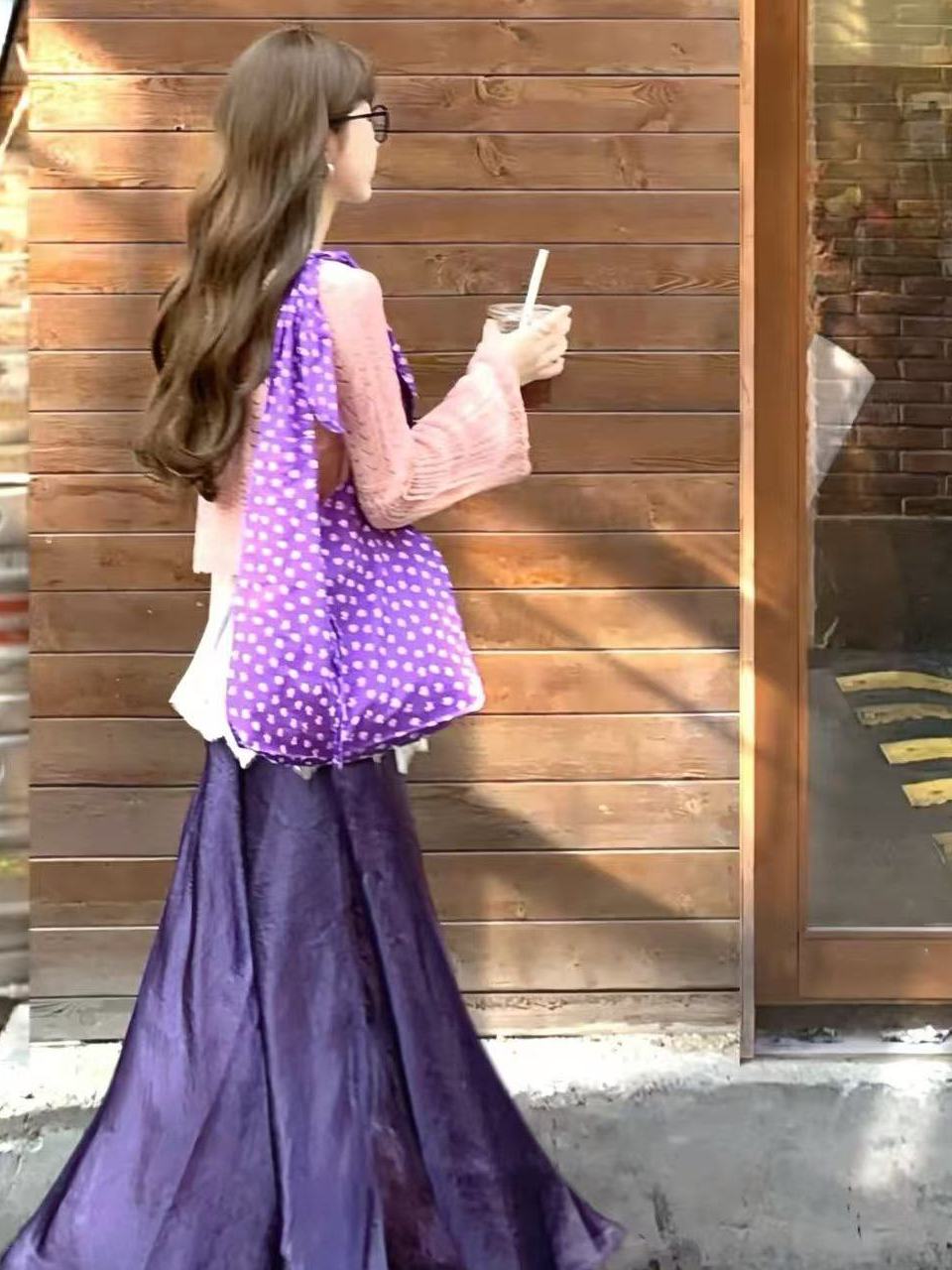 2025 Purple Polka Dot Floral Canvas Tote Bag for Women, Knotted Shoulder Strap, Large Capacity Commuter Crossbody Bag