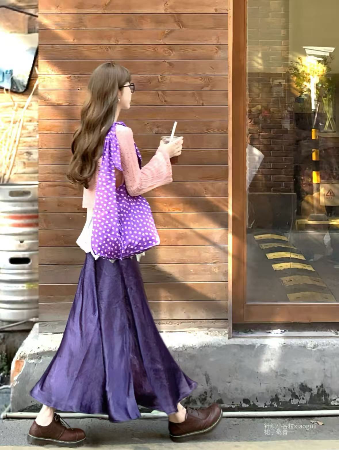 2025 Purple Polka Dot Floral Canvas Tote Bag for Women, Knotted Shoulder Strap, Large Capacity Commuter Crossbody Bag