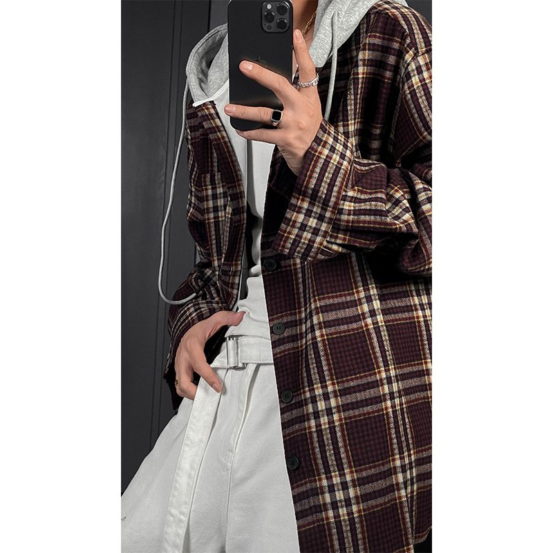 2025 Retro Loose Plaid Hooded Casual Shirt Jacket - Versatile Niche Fashion for 90s and Y2K Inspired Styles