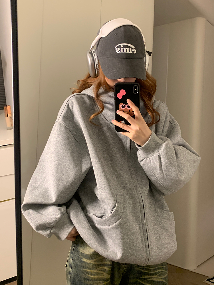 2025 Spring American Sports Style Shoulder Pad Cardigan Sweatshirt for Couples - Loose Casual Versatile Jacket