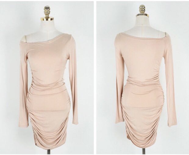 2025 Spring Korean Style Sexy Ruched Bodycon Mini Dress with Long Sleeves and Off-the-Shoulder Neckline 2025 Spring Korean Style Sexy Ruched Bodycon Mini Dress with Long Sleeves and Off-the-Shoulder Neckline
