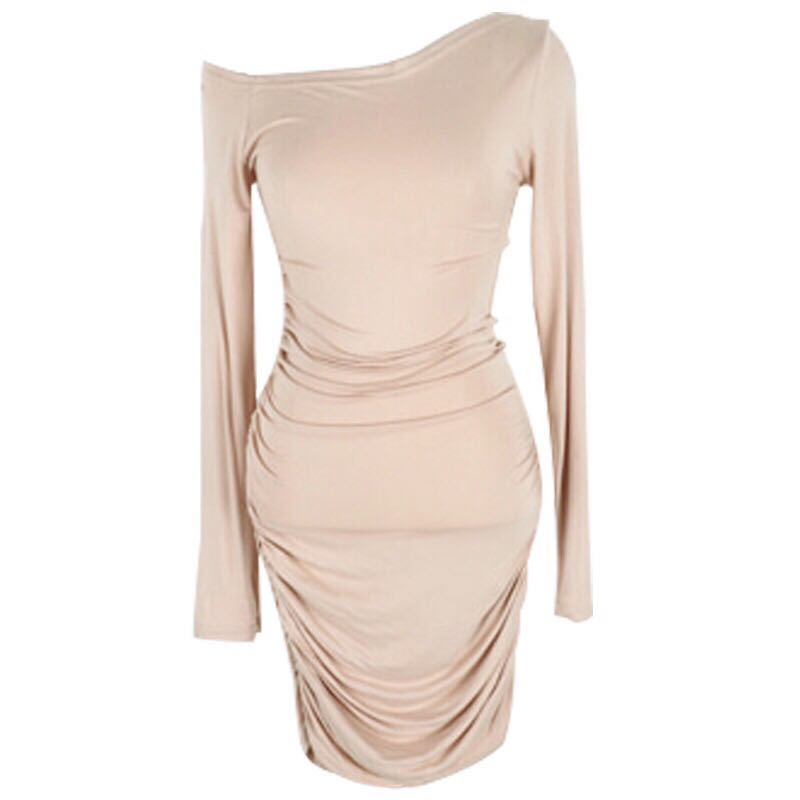 2025 Spring Korean Style Sexy Ruched Bodycon Mini Dress with Long Sleeves and Off-the-Shoulder Neckline 2025 Spring Korean Style Sexy Ruched Bodycon Mini Dress with Long Sleeves and Off-the-Shoulder Neckline