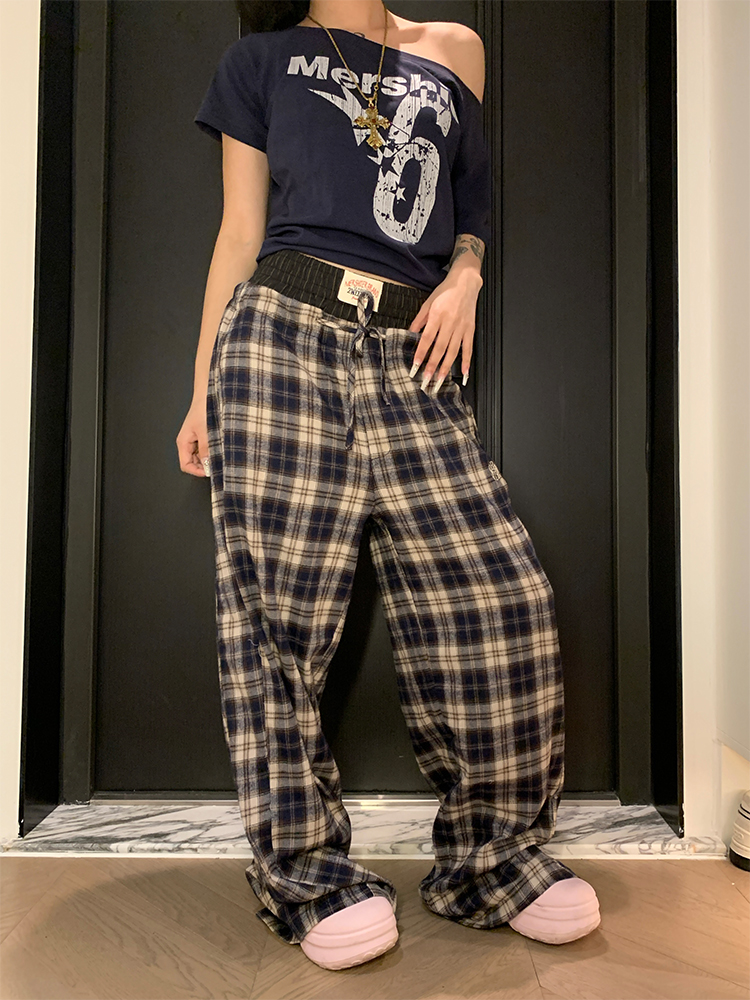 2025 Spring Vintage Patchwork Plaid Pants for Men and Women - Loose Casual Straight Leg Trousers, Retro American Style