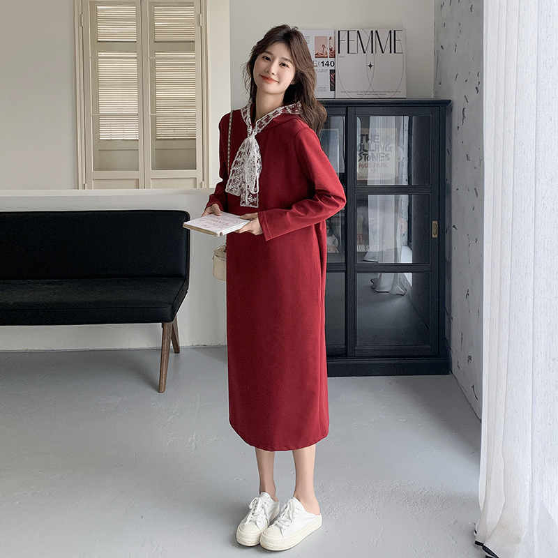 2025 Spring Women's Long Dress - Loose Slimming Design with Red Bow - Stylish Sweatshirt for New Year Outfit