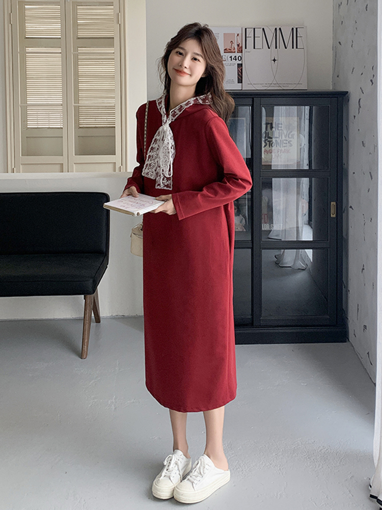 2025 Spring Women's Long Dress - Loose Slimming Design with Red Bow - Stylish Sweatshirt for New Year Outfit