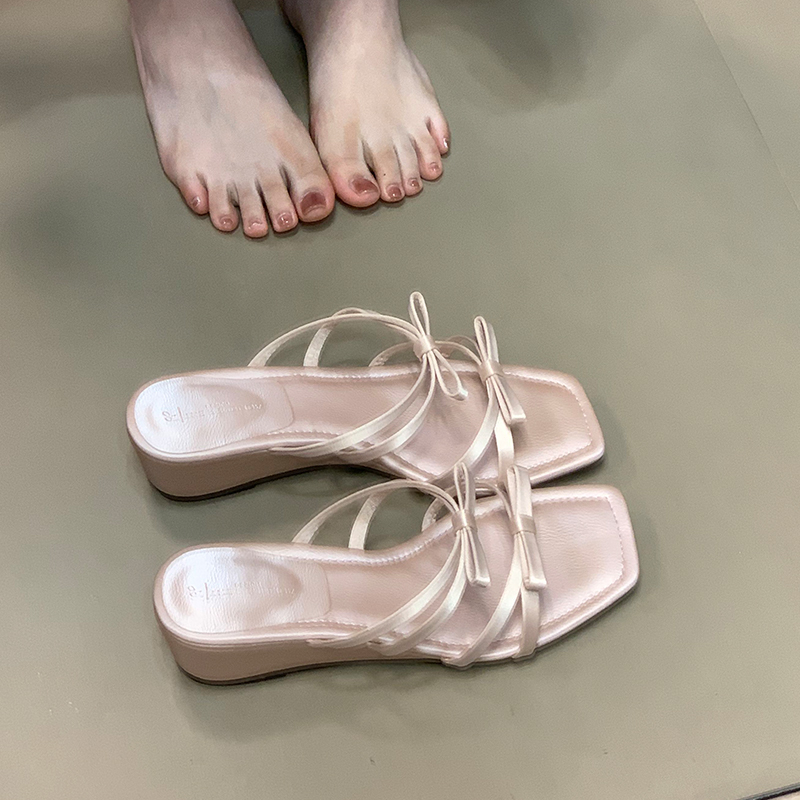 2025 Summer Bow Wedge Sandals - French Square Toe Fairy Style Slide Sandals for Trendy Summer Fashion