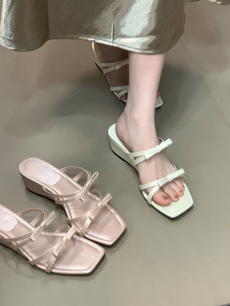 2025 Summer Bow Wedge Sandals - French Square Toe Fairy Style Slide Sandals for Trendy Summer Fashion