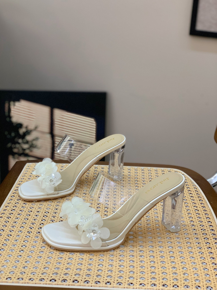 2025 Summer Floral Crystal Transparent High-Heeled Sandals for Women - Stylish Square Toe Versatile Slide Design