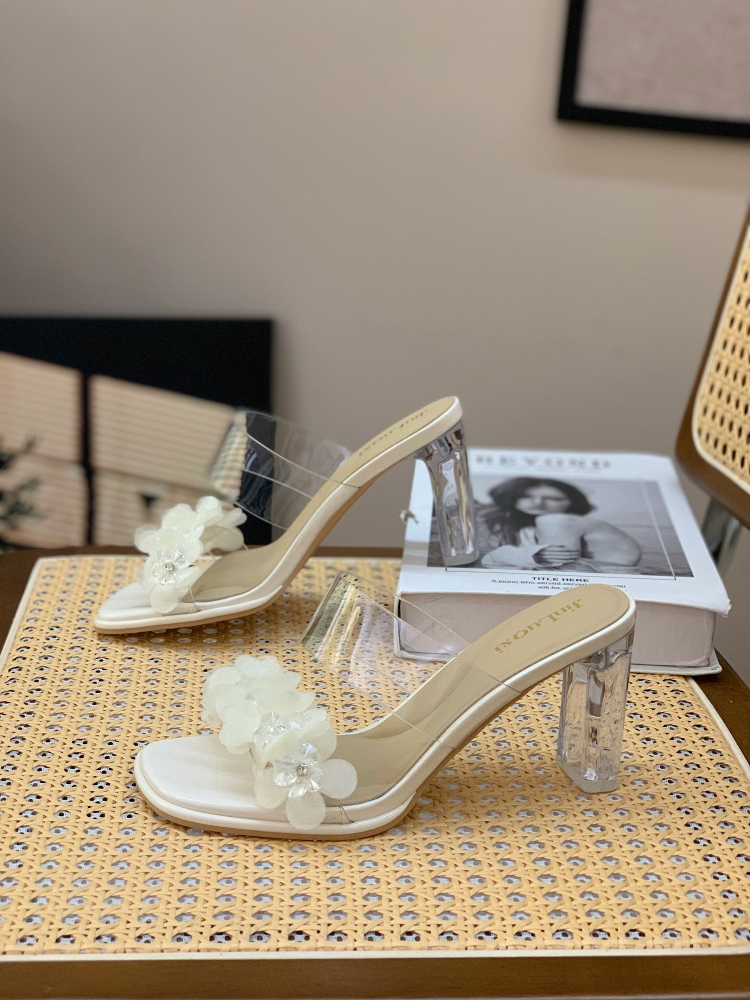 2025 Summer Floral Crystal Transparent High-Heeled Sandals for Women - Stylish Square Toe Versatile Slide Design 2025 Summer Floral Crystal Transparent High-Heeled Sandals for Women - Stylish Square Toe Versatile Slide Design