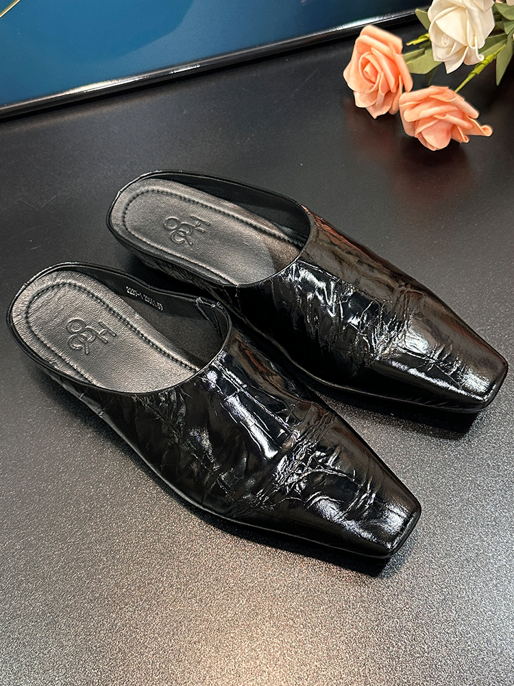 2025 Summer Genuine Leather Low-Heeled Open-Toe Slippers for Women - European Square-Toe British Style Slip-On Shoes 2025 Summer Genuine Leather Low-Heeled Open-Toe Slippers for Women - European Square-Toe British Style Slip-On Shoes