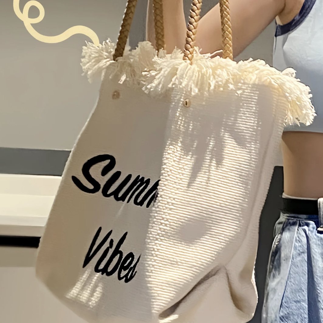 2025 Summer Tassel Woven Canvas Tote Bag, Embroidered Letters, Large Capacity Shoulder Bag for Women, Stylish Everyday Accessory