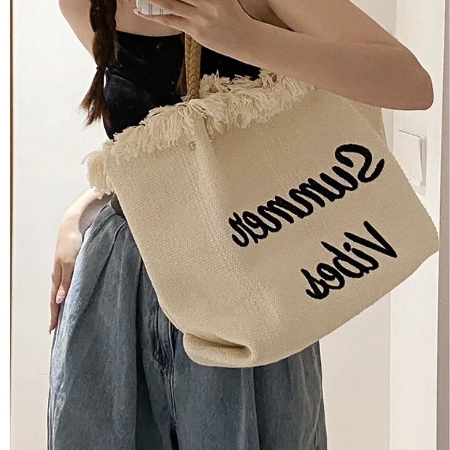2025 Summer Tassel Woven Canvas Tote Bag, Embroidered Letters, Large Capacity Shoulder Bag for Women, Stylish Everyday Accessory