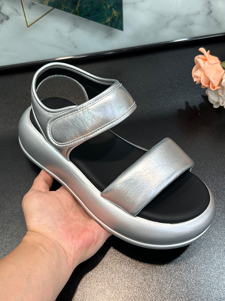 2025 Summer Thick-Soled Height-Increasing Sandals for Women - Silver One-Strap Casual Breathable Velcro Beach Shoes