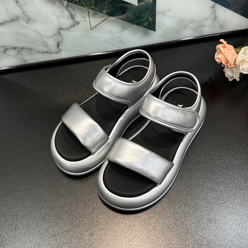 2025 Summer Thick-Soled Height-Increasing Sandals for Women - Silver One-Strap Casual Breathable Velcro Beach Shoes