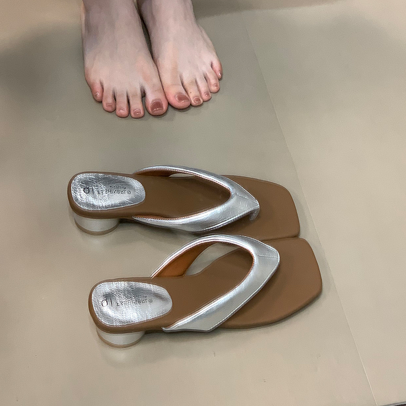 2025 Summer Womenâ€™s High Heel One Strap Sandals - Simple Square Toe Flip Flops for Skirts & Outwear, Perfect for Y2K Style