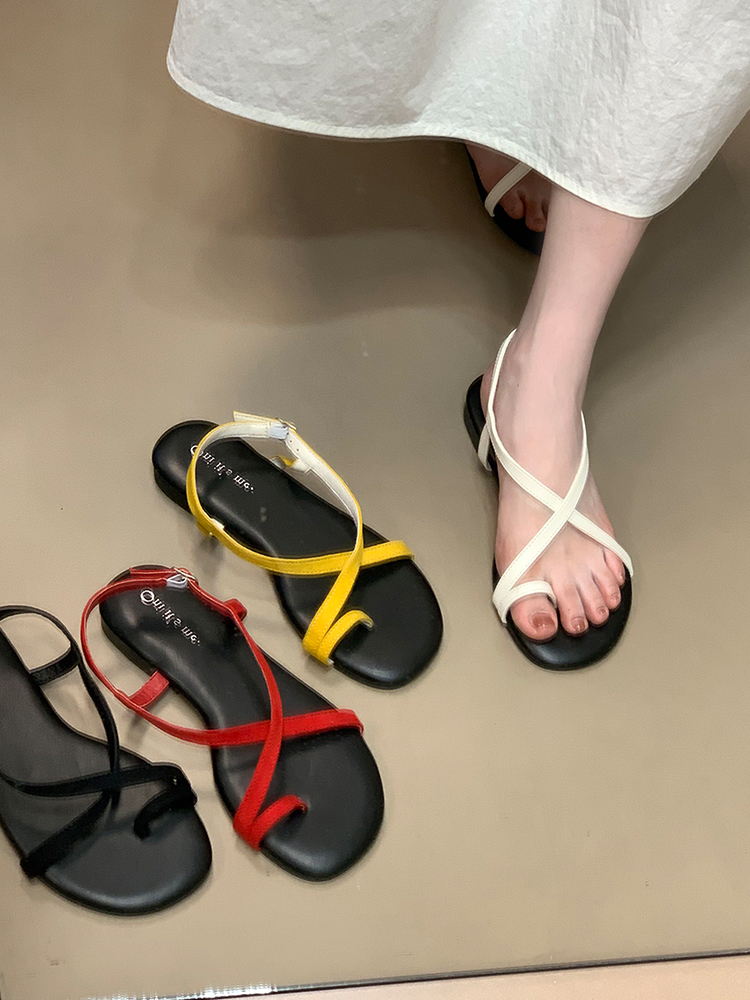 2025 Summer Women's Open-Toe Beach Sandals, Commuter-Style Flat Toe-Post Roman Flip-Flops