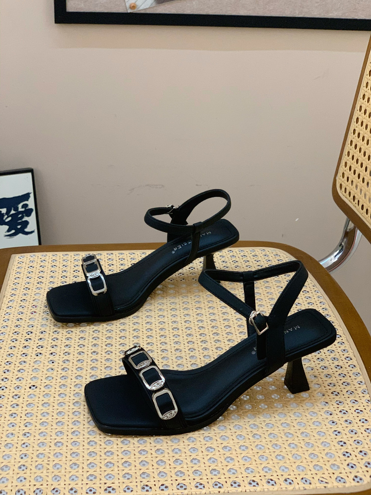 2025 Summer Women's Square-Toed Open-Toe Sandals with Rhinestones, One-Strap Buckle, Versatile Thin-Heel Fashion