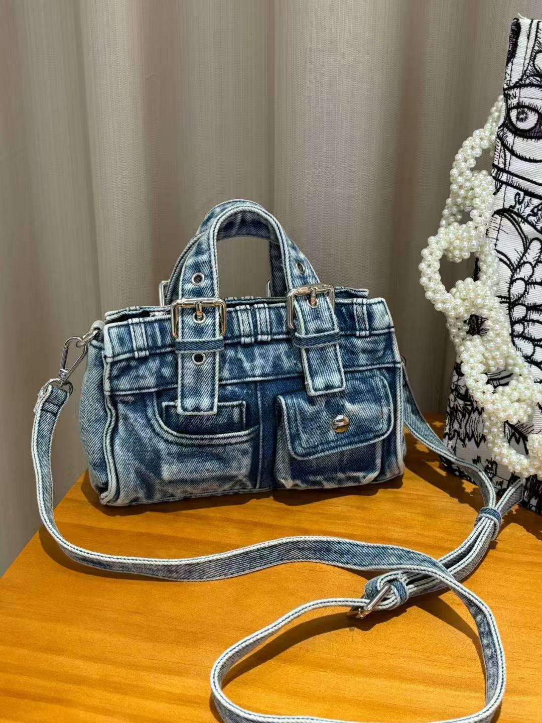 2025 Trendy Wash Denim Crossbody Handbag with Pocket, Stylish Bowling Bag for Y2K and Internet Celebrity Fashion