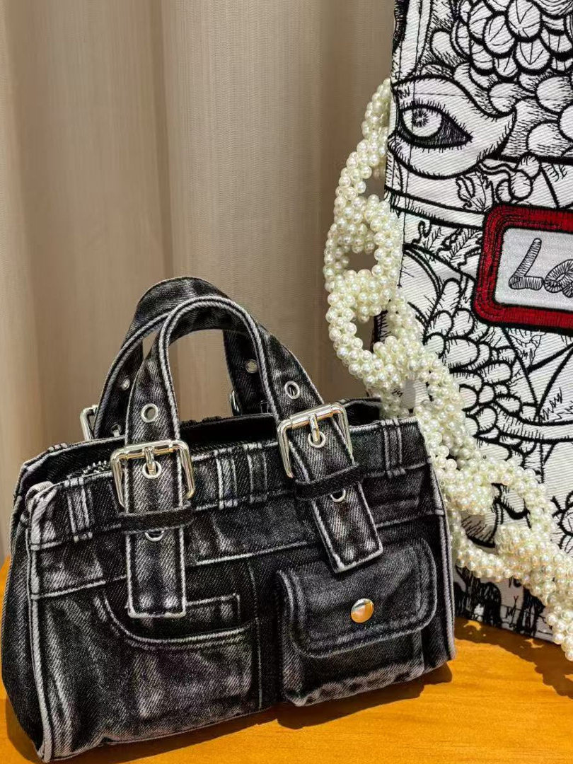 2025 Trendy Wash Denim Crossbody Handbag with Pocket, Stylish Bowling Bag for Y2K and Internet Celebrity Fashion