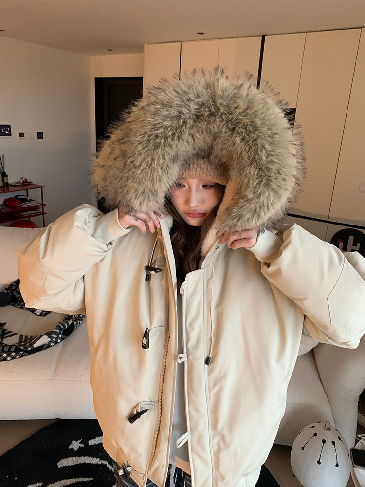 2025 Winter American Flight Jacket with Horn Buckles, Fur-Lined Hooded Cotton Coat, Loose Unisex Parka for Casual Style