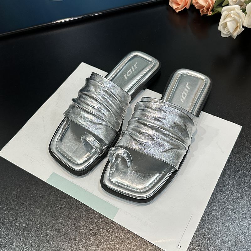 2025 Women's French Pleated Square-Toe Slide Sandals - Versatile Flat Thong Sandals for Summer Style