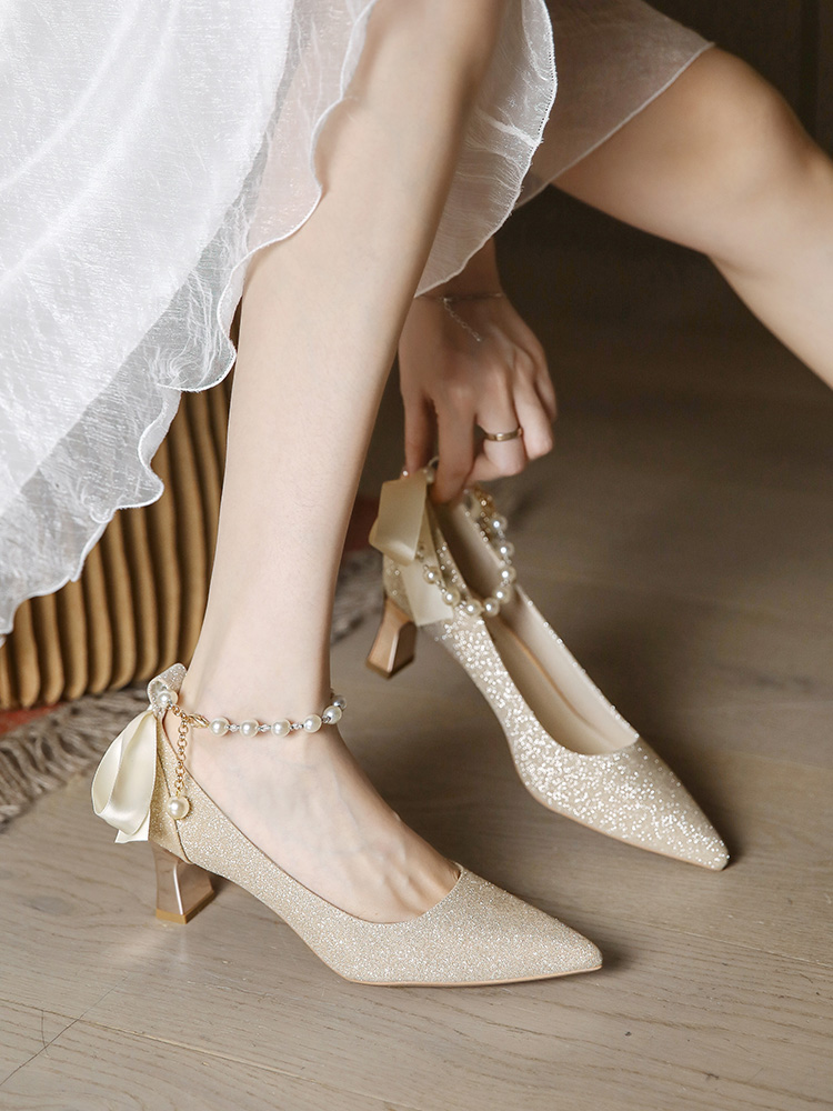 2025 Women's High Heel Wedding Shoes - French Style Comfortable Bridesmaid Chunky Heels for Daily Wear