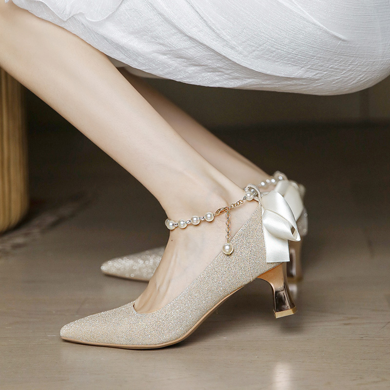 2025 Women's High Heel Wedding Shoes - French Style Comfortable Bridesmaid Chunky Heels for Daily Wear