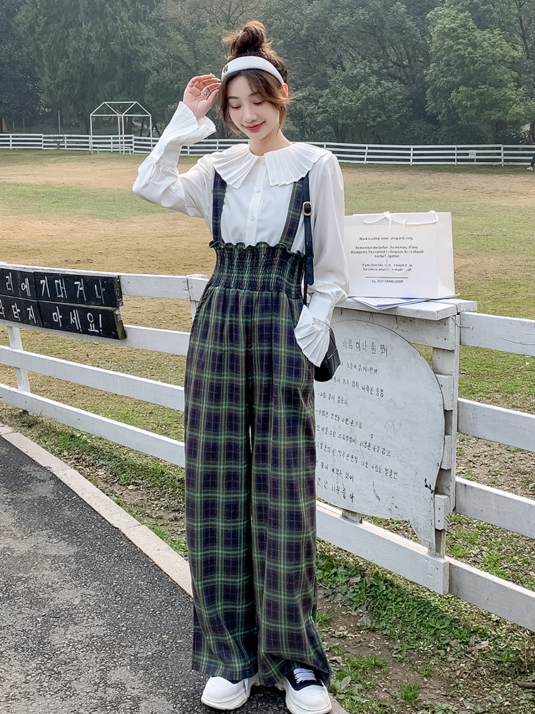 2025 Women's High-Waisted Plaid Suspenders Pants - Casual Straight Wide-Leg Trousers for Spring and Summer, Trendy Versatile Style