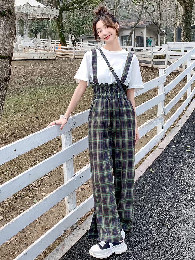 2025 Women's High-Waisted Plaid Suspenders Pants - Casual Straight Wide-Leg Trousers for Spring and Summer, Trendy Versatile Style 2025 Women's High-Waisted Plaid Suspenders Pants - Casual Straight Wide-Leg Trousers for Spring and Summer, Trendy Versatile Style