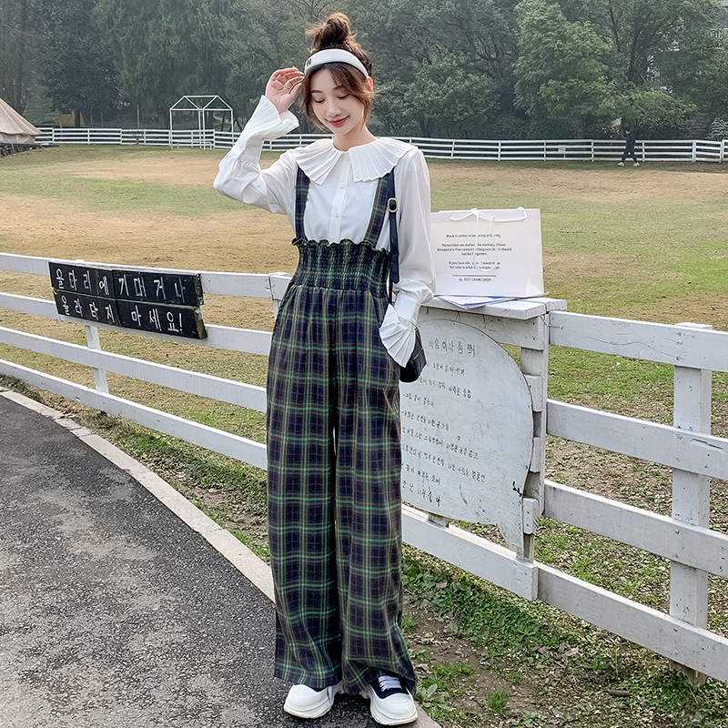 2025 Women's High-Waisted Plaid Suspenders Pants - Casual Straight Wide-Leg Trousers for Spring and Summer, Trendy Versatile Style