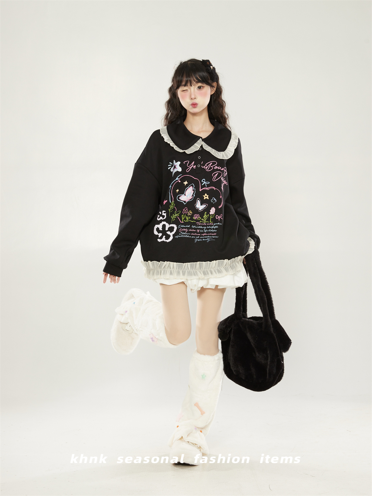 2025 Women's Printed Sweatshirt with Lace Trim and Cute Collar - Versatile Pullover Jacket for Spring and Autumn, Korean Style 2025 Women's Printed Sweatshirt with Lace Trim and Cute Collar - Versatile Pullover Jacket for Spring and Autumn, Korean Style