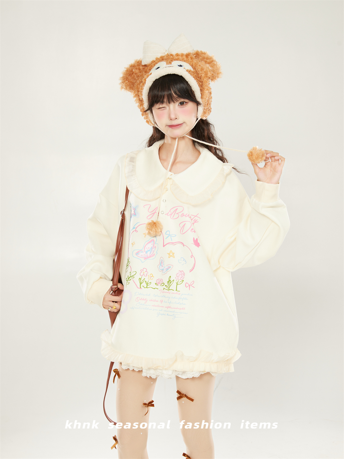 2025 Women's Printed Sweatshirt with Lace Trim and Cute Collar - Versatile Pullover Jacket for Spring and Autumn, Korean Style