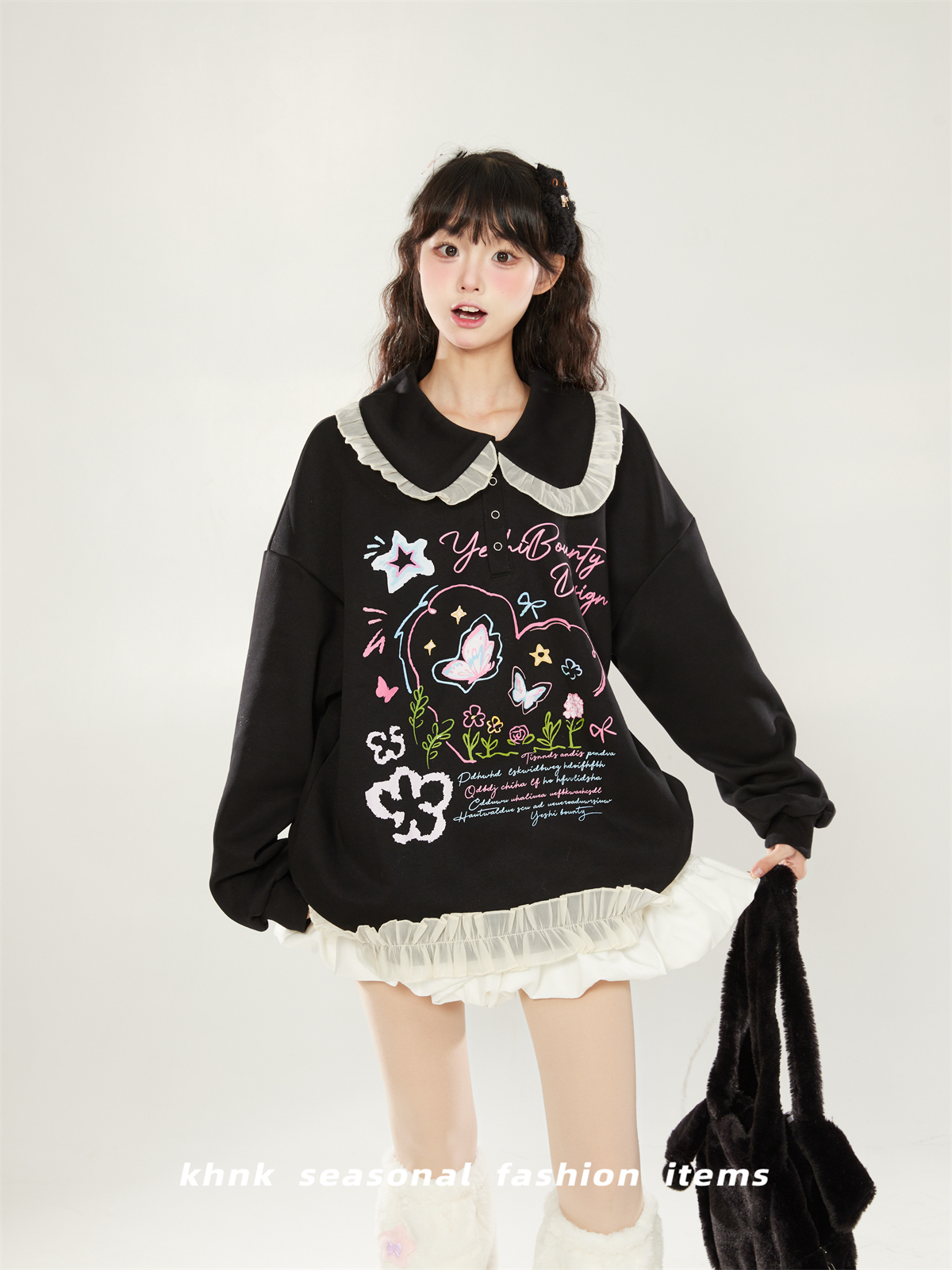 2025 Women's Printed Sweatshirt with Lace Trim and Cute Collar - Versatile Pullover Jacket for Spring and Autumn, Korean Style 2025 Women's Printed Sweatshirt with Lace Trim and Cute Collar - Versatile Pullover Jacket for Spring and Autumn, Korean Style