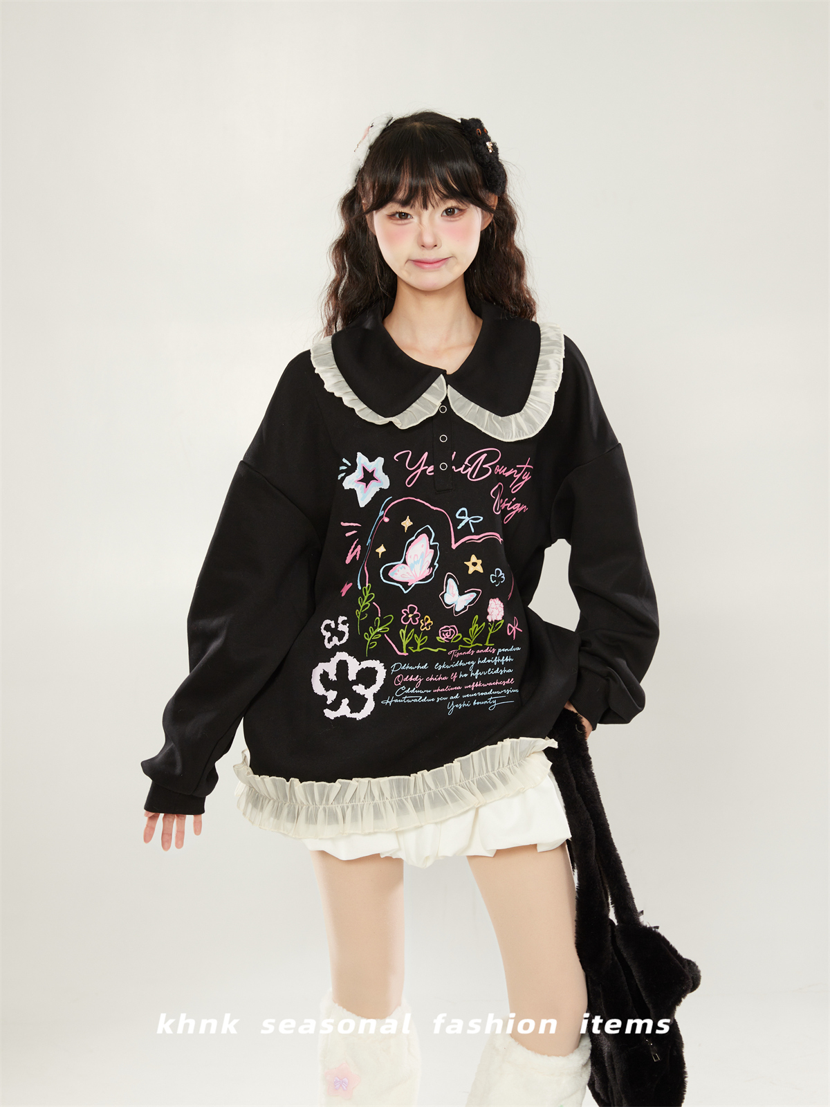 2025 Women's Printed Sweatshirt with Lace Trim and Cute Collar - Versatile Pullover Jacket for Spring and Autumn, Korean Style