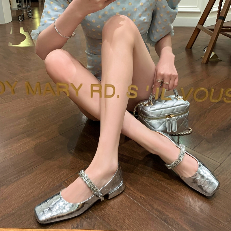 2025 Women's Silver French Mary Jane Shoes - Genuine Leather, Square Toe, Low Heel, Diamond Candy Paper Design, Spring Style