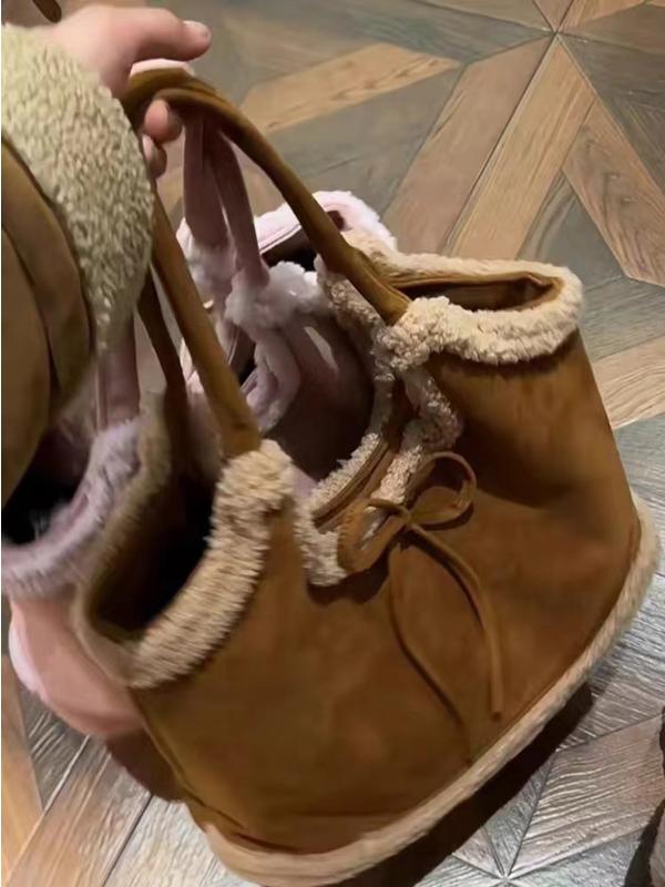 2025 Womenâ€™s Suede Plush Melard Shoulder Handbag - Autumn Winter Lamb Wool Tote Bucket Bag for Commuting