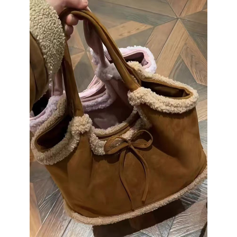 2025 Womenâ€™s Suede Plush Melard Shoulder Handbag - Autumn Winter Lamb Wool Tote Bucket Bag for Commuting