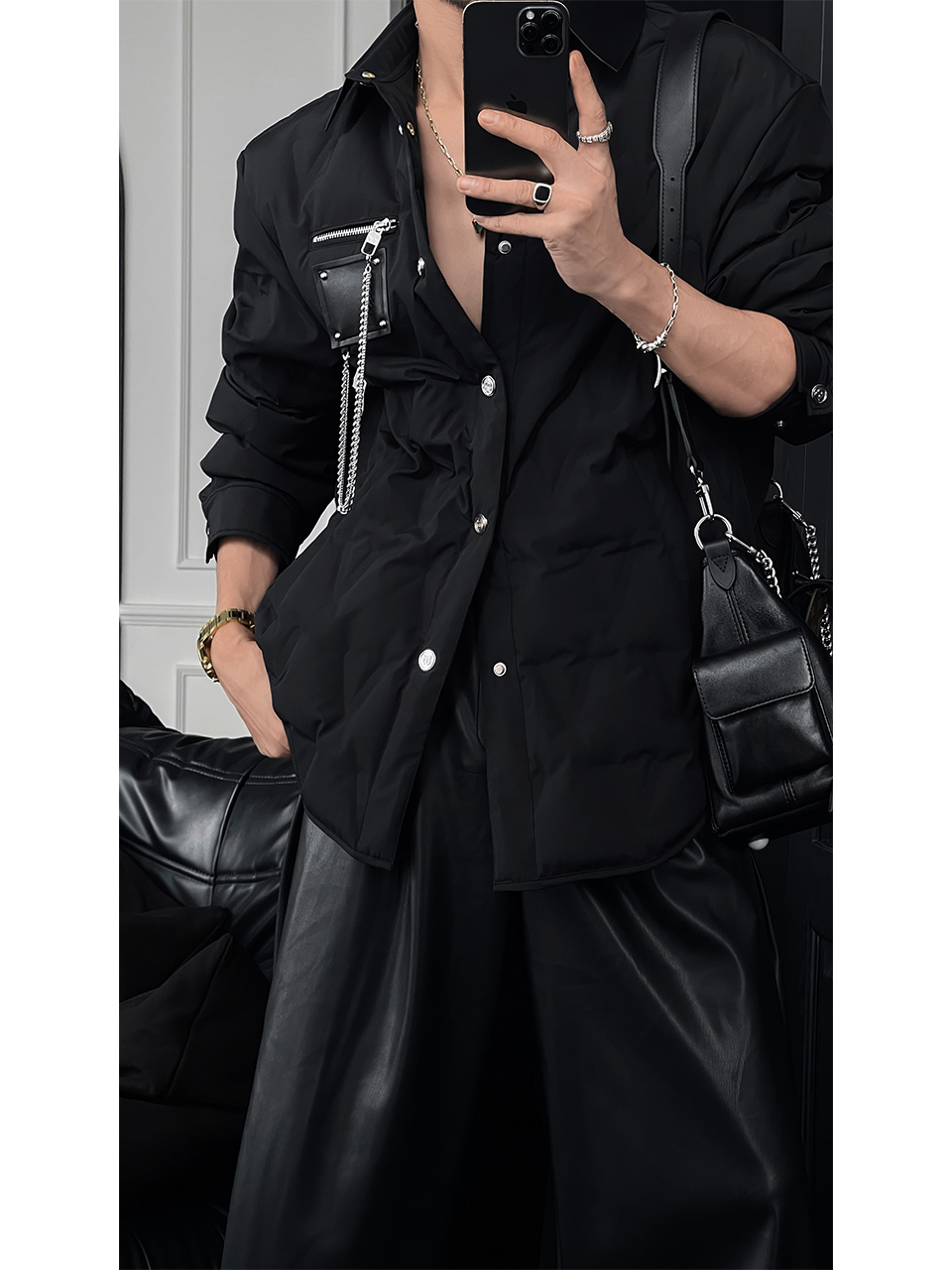 90% White Duck Down Jacket with Chain Decoration - Long Shirt-Style Coat for Winter 2024, Trendy 90s Inspired Outerwear 90% White Duck Down Jacket with Chain Decoration - Long Shirt-Style Coat for Winter 2024, Trendy 90s Inspired Outerwear