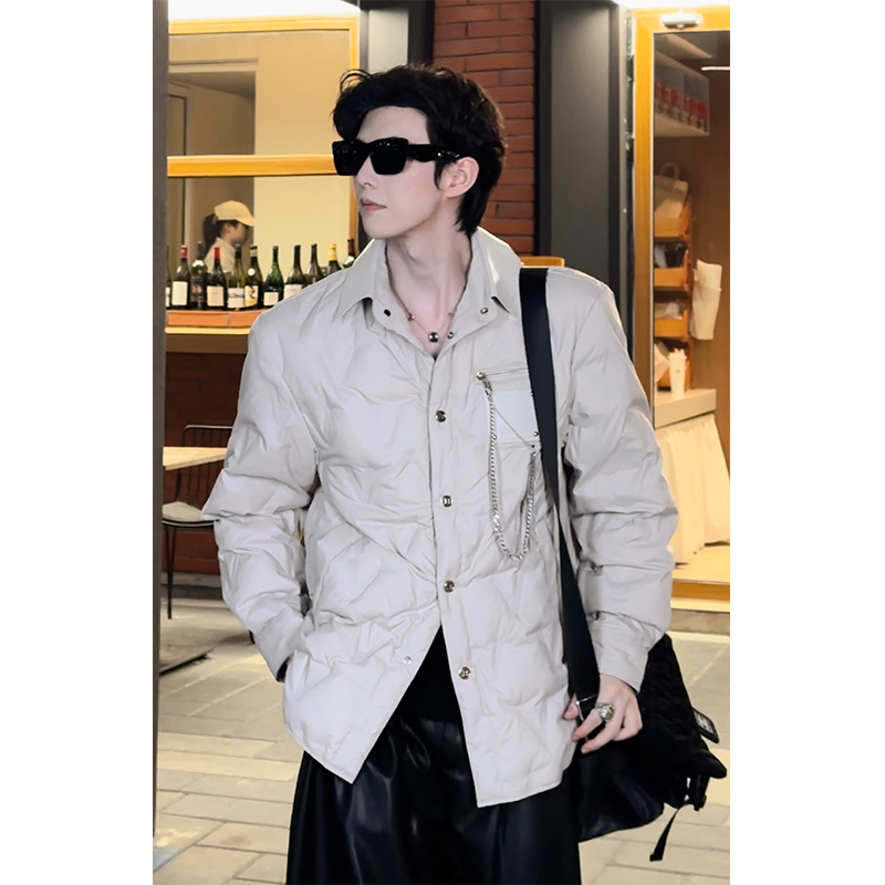 90% White Duck Down Jacket with Chain Decoration - Long Shirt-Style Coat for Winter 2024, Trendy 90s Inspired Outerwear 90% White Duck Down Jacket with Chain Decoration - Long Shirt-Style Coat for Winter 2024, Trendy 90s Inspired Outerwear