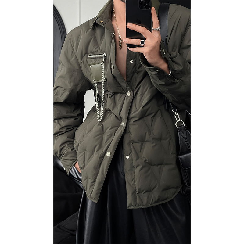90% White Duck Down Jacket with Chain Decoration - Long Shirt-Style Coat for Winter 2024, Trendy 90s Inspired Outerwear 90% White Duck Down Jacket with Chain Decoration - Long Shirt-Style Coat for Winter 2024, Trendy 90s Inspired Outerwear